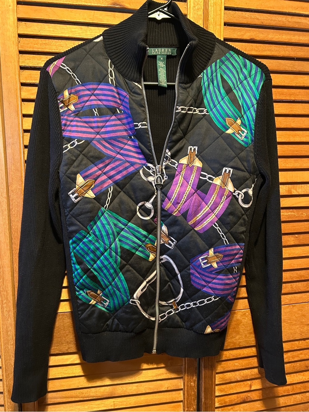 Lauren Ralph Lauren Black Rib Cardigan with Zipper and Quilted Equestrian Front